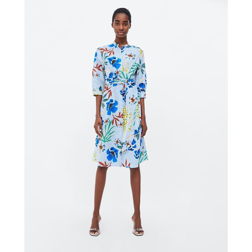 Zara Tie Waist Floral Pinstriped Shirt‎ Dress Women's Cotton Medium
